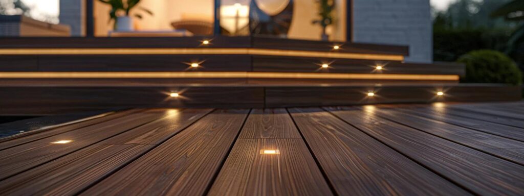 Composite Deck vs Wood Deck: Pros and Cons Explained 7 a sleek, modern outdoor living space showcases well-maintained composite and wood decking, where a knowledgeable homeowner inspects the surface, highlighting the contrast between the two materials under soft, ambient lighting.