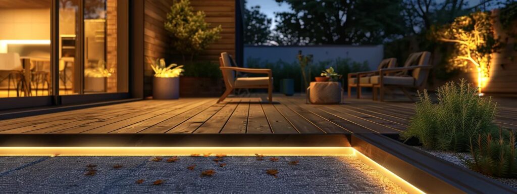 Composite Deck vs Wood Deck: Pros and Cons Explained 2 a sleek, modern outdoor patio showcases a pristine composite decking surface, glistening under carefully positioned ambient lighting, while contrasting starkly against the backdrop of a traditional wooden deck showing signs of weathering and wear.