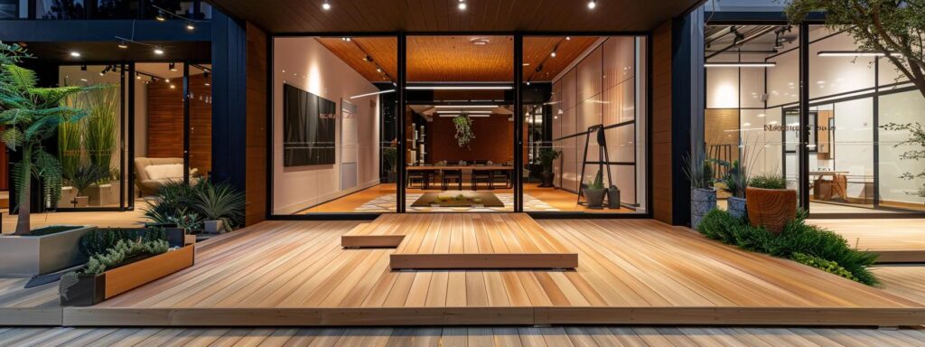 Composite Deck vs Wood Deck: Pros and Cons Explained 4 a sleek, modern outdoor showroom showcases an elegant side-by-side comparison of rich, textured wood decking and smooth, colorful composite materials, bathed in warm, ambient lighting that highlights their distinct finishes and aesthetic versatility.