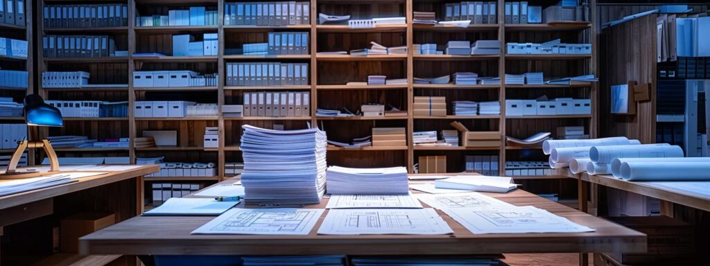 2025 Trends in Home Additions: What You Need to Know 5 a well-organized office space features a large desk stacked with blueprints and permit applications, illuminated by bright led lights, signifying the meticulous planning involved in navigating building regulations for residential expansions.