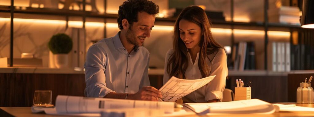 Custom Home Building in Grimes: Trust Our Expertise 3 an elegant office setting featuring a confident homebuilder discussing blueprints with a satisfied client, illuminated by modern, accent lighting that highlights the intricacies of the detailed architectural plans.