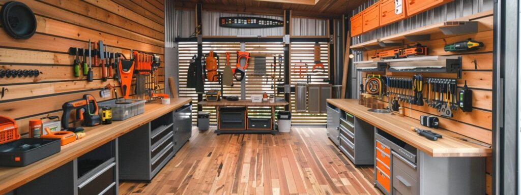 Composite Deck vs Wood Deck: Pros and Cons Explained 3 an organized workshop interior showcases two distinct sections: one neatly arranged with tools and materials for installing sleek composite decking, and the other cluttered with traditional wood decking equipment, highlighting the contrasting installation processes of each material.