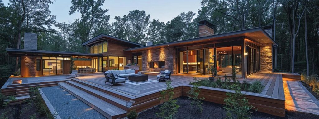 a beautifully designed custom deck extends from a modern home, featuring sleek lines and premium materials, bathed in warm ambient lighting that highlights its craftsmanship and invites a sense of upscale living.