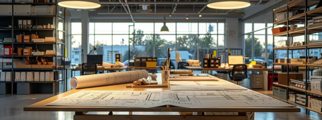 a modern office space filled with blueprints and sample materials for custom decks, showcasing a sleek design table illuminated by bright overhead lights, emphasizing the detailed cost breakdowns and renovation plans for discerning homeowners.