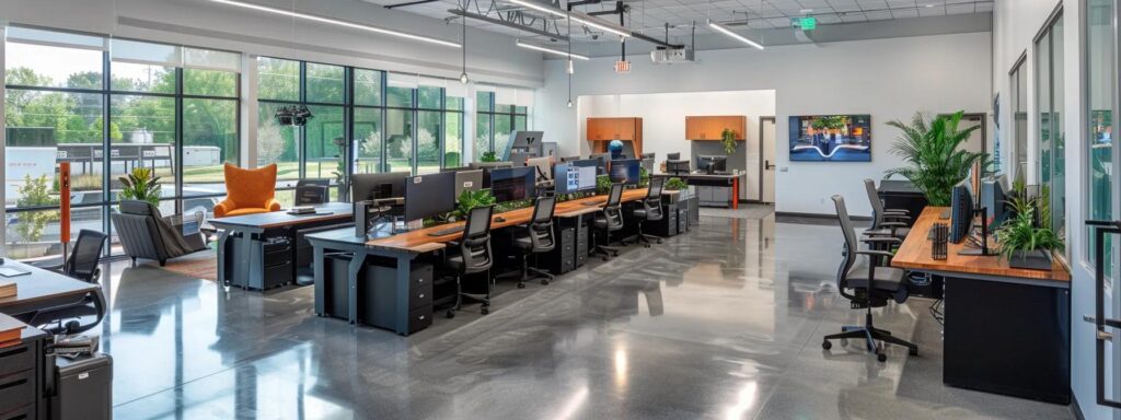 a modern, sleek office workspace featuring a sophisticated custom deck design display, showcasing intricate craftsmanship and high-quality materials, accentuated by dynamic lighting to emphasize the elegance of the design.