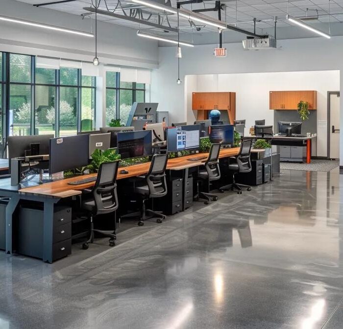 a modern, sleek office workspace featuring a sophisticated custom deck design display, showcasing intricate craftsmanship and high-quality materials, accentuated by dynamic lighting to emphasize the elegance of the design.