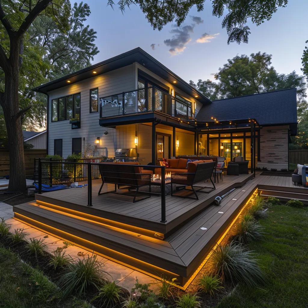 Essential Guide to Deck Renovation Costs in Des Moines 1 a modern, well-designed deck in a stylish cumming, ia backyard features sleek furniture and vibrant decor, illuminated by warm evening lights, showcasing the craftsmanship of busy builders.