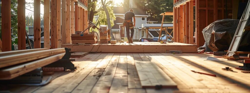 a skilled builder meticulously assembles a custom deck with advanced tools in a modern construction environment, showcasing a seamless blend of traditional craftsmanship and innovative engineering.