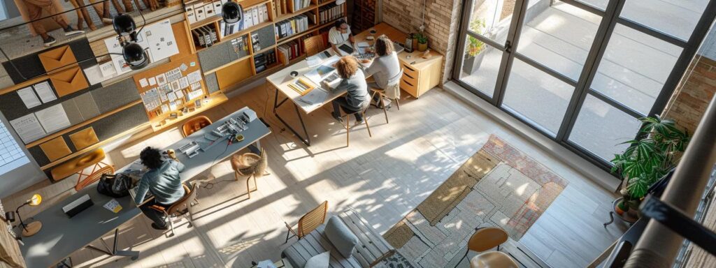 a sleek, modern design studio bustling with architects and clients engaged in a collaborative brainstorming session, surrounded by vibrant design boards and samples of durable materials, highlighting the personalized approach to crafting custom decks.