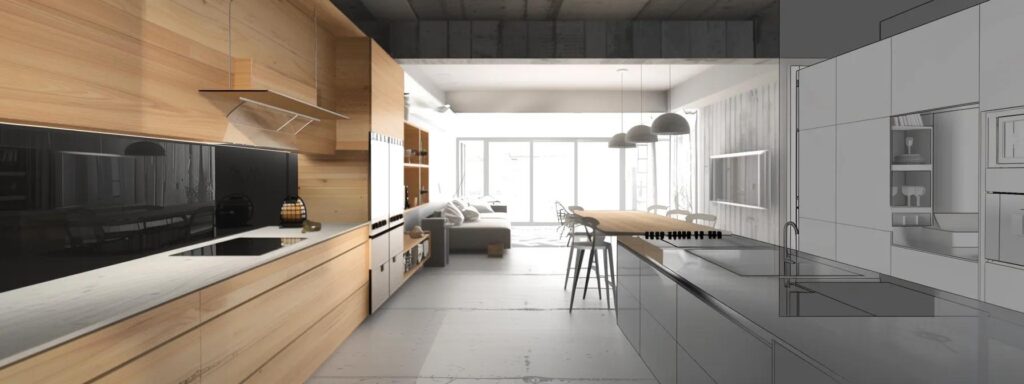 a sleek, modern kitchen renovation in an urban setting showcases busy builders collaborating with homeowners over detailed plans and samples, emphasizing budget-friendly design choices and stylish materials.