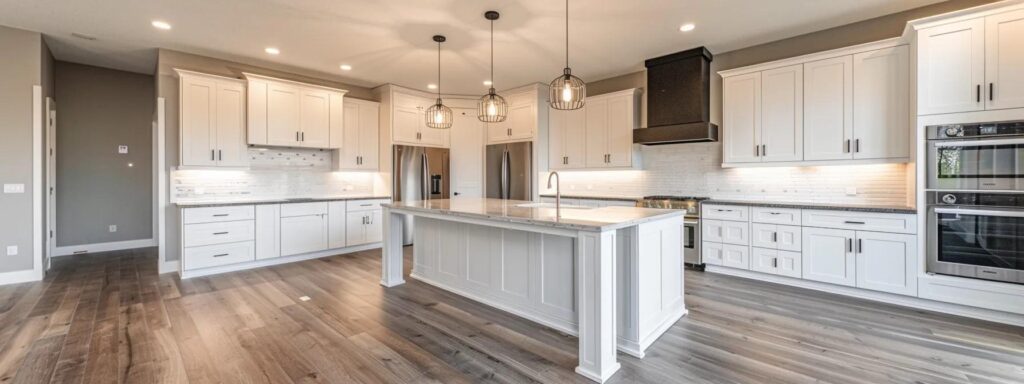 a sleek, modern kitchen showcases cutting-edge remodeling trends for 2025, featuring minimalist cabinetry, innovative appliances, and striking lighting, emphasizing the craftsmanship and style of a trusted builder.