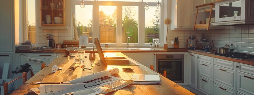 a sleek, modern kitchen under renovation, showcasing busy builders' advanced project management tools and a detailed timeline chart prominently displayed on a tablet, illuminating the importance of timely project completion amidst bustling activity and organized chaos.