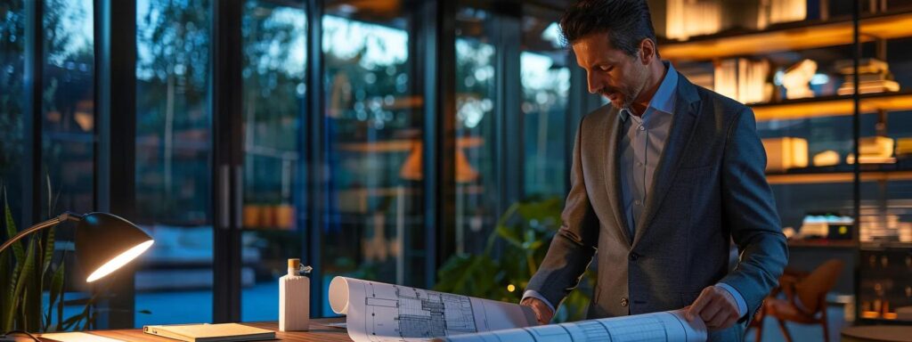 Transform Your Space: Expert Custom Patio Building Services 4 a sleek, modern office interior showcases a focused contractor in a tailored suit discussing blueprints for a custom deck project with a homeowner, illuminated by warm, inviting lighting that highlights their engaged expressions.