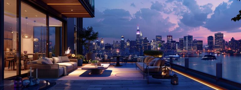 a sleek, modern outdoor living space featuring a custom-built deck with elegant furniture and a stylish patio area, set against a contemporary urban backdrop under warm ambient lighting.