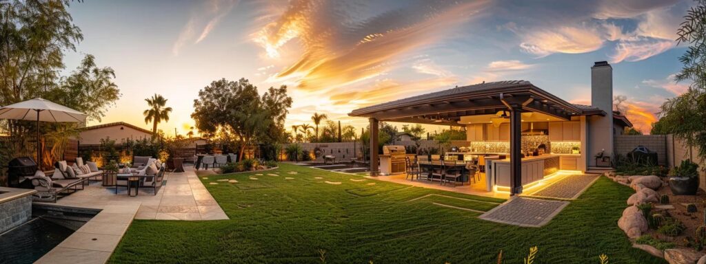 Transform Your Space: Expert Custom Patio Building Services 3 a stylishly designed backyard showcases a modern outdoor kitchen, sleek patio furniture, and a cozy pergola, all illuminated by ambient lighting, creating an inviting space for both relaxation and entertaining guests.