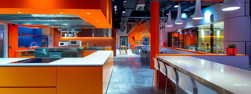 a vibrant and modern kitchen renovation showcases busy builders’ expertise, featuring sleek stainless steel appliances, elegant quartz countertops, and a harmonious blend of contemporary and classic design elements, illuminated by stylish overhead lighting in a polished urban setting.