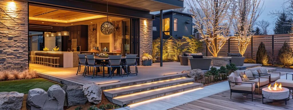 Transform Your Space: Expert Custom Patio Building Services 2 a visually striking display showcases a contemporary outdoor patio constructed with a blend of sleek composite materials and elegant natural stone, set against a stylish urban home, highlighting the balance of aesthetics and durability essential for custom deck projects.