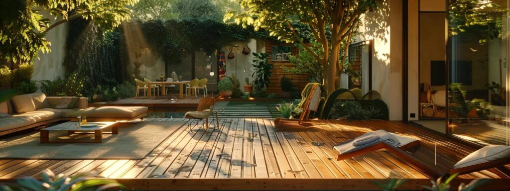 Transform Your Space: Expert Custom Patio Building Services 6 an expertly curated outdoor space featuring a polished wooden deck and a stylish patio set, bathed in warm afternoon light, showcasing the elegance of routine maintenance and inviting gatherings for relaxation and entertainment.