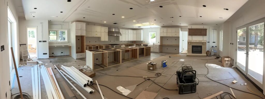 an organized and modern kitchen remodel in progress, showcasing busy builders' efficient project management with skilled professionals diligently assessing layouts and coordinating intricate renovations amidst stylish cabinetry and tools.