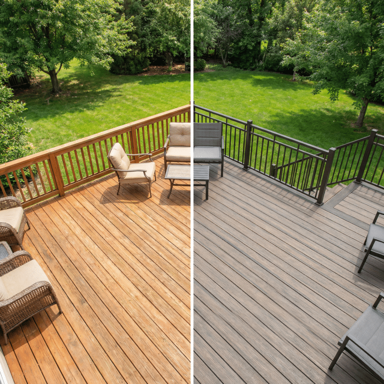 Side by side comparison of a weathered wood deck and a new composite deck