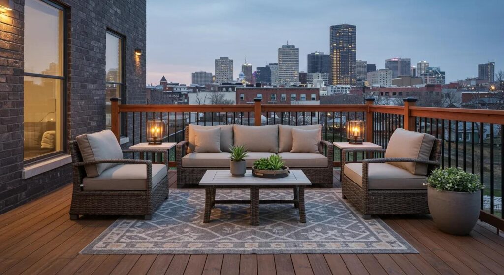 Seasonal Custom Deck Solutions for Everyone in Des Moines 1 a modern urban deck showcasing a versatile design, featuring cozy seating and elegant decor, set against the backdrop of a bustling des moines city skyline, beautifully illustrating custom deck solutions for every season.