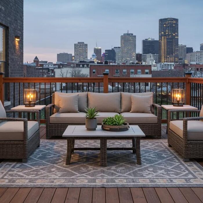 a modern urban deck showcasing a versatile design, featuring cozy seating and elegant decor, set against the backdrop of a bustling des moines city skyline, beautifully illustrating custom deck solutions for every season.