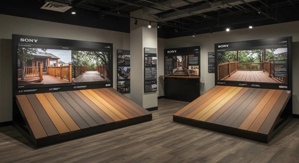 Seasonal Custom Deck Solutions for Everyone in Des Moines 2 a sleek, modern office setting features a stylish presentation display showcasing various deck materials under bright, focused lighting, emphasizing durability and weather resistance for homeowners in des moines.