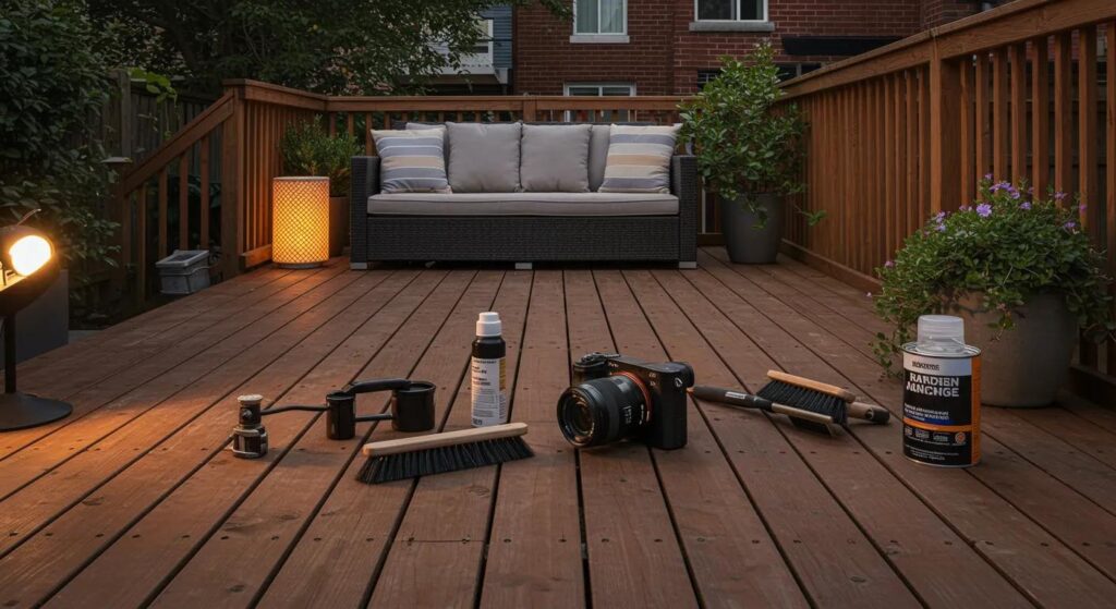 Seasonal Custom Deck Solutions for Everyone in Des Moines 3 a well-maintained wooden deck gleams under soft ambient lighting, showcasing seasonal maintenance tools like a brush and a can of sealant, set against the backdrop of a stylish urban backyard in des moines.