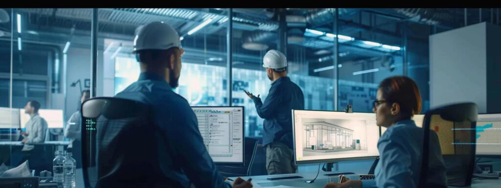 a dynamic office scene captures a focused general contractor engaging in a vibrant discussion with a diverse team of architects and engineers, surrounded by blueprints and digital screens, emphasizing the essence of effective communication and coordination in construction project management.