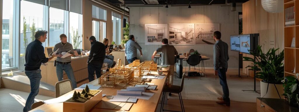 a dynamic office scene captures a team of focused builders collaborating over blueprints at a sleek conference table, with architectural models and project plans prominently displayed, embodying their renowned work ethic and commitment to client success.