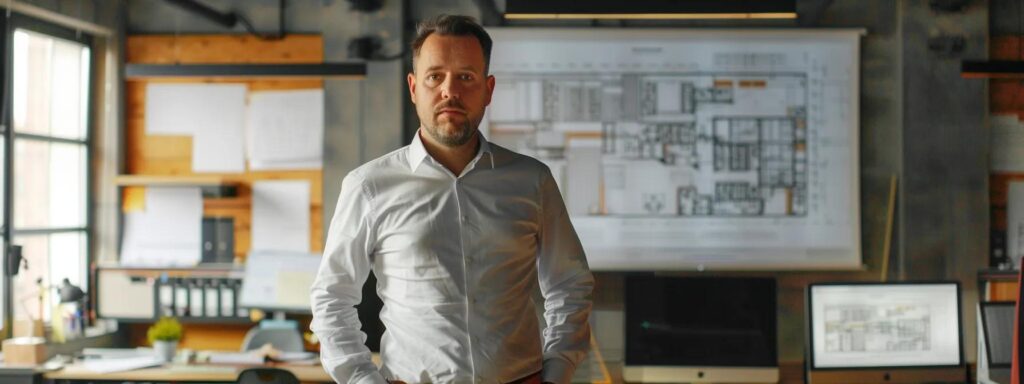 Top Reasons to Hire a General Contractor for Deck Design 3 a focused general contractor stands confidently in a modern office filled with blueprints and building materials, discussing complex permit applications while a digital screen displays local building codes in vibrant detail.