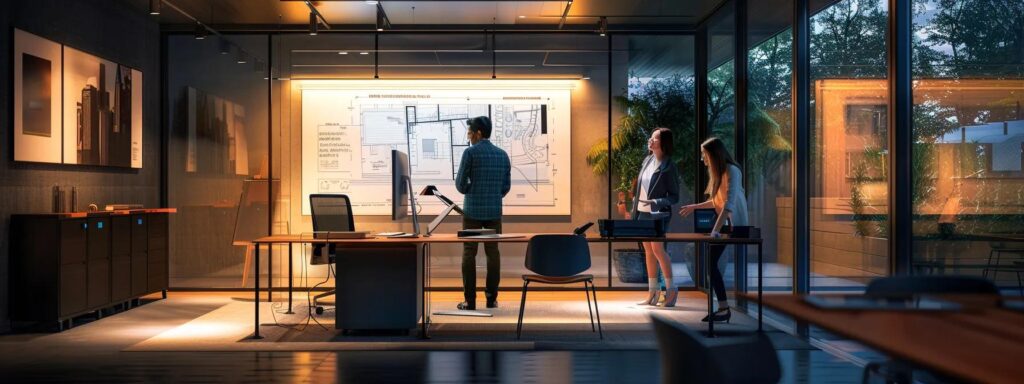 Top Reasons to Hire a General Contractor for Deck Design 4 a focused interior scene of a sleek, modern office where a professional is engaging in a detailed discussion with a contractor over a digital blueprint for a custom deck, illuminated by soft, warm lighting that highlights their collaborative atmosphere.