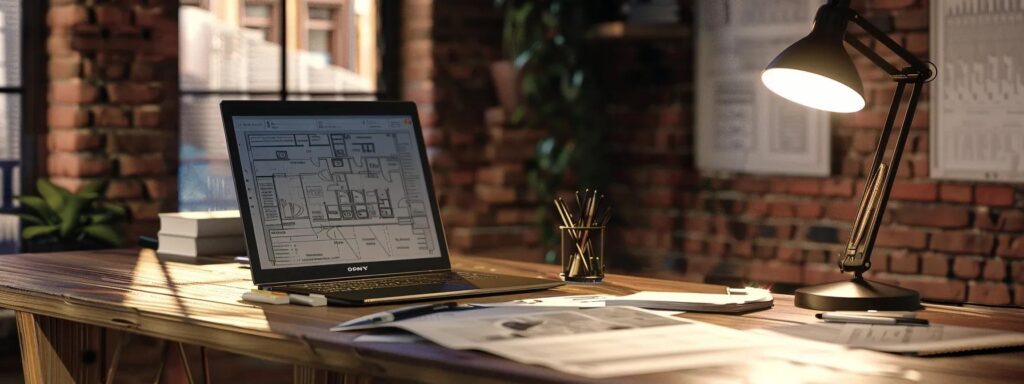 a focused urban workspace filled with blueprints and digital budgeting tools, where a professional confidently analyzes home project finances on a sleek laptop against a backdrop of modern architectural designs.