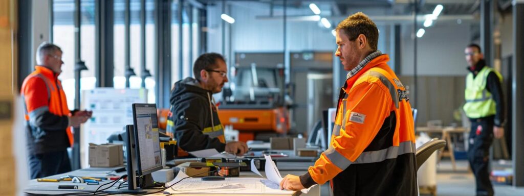 a modern, bustling construction site in newton, showcasing skilled builders collaborating over blueprints amidst sleek machinery and vibrant safety gear, embodying the reliability and expertise of busy builders.