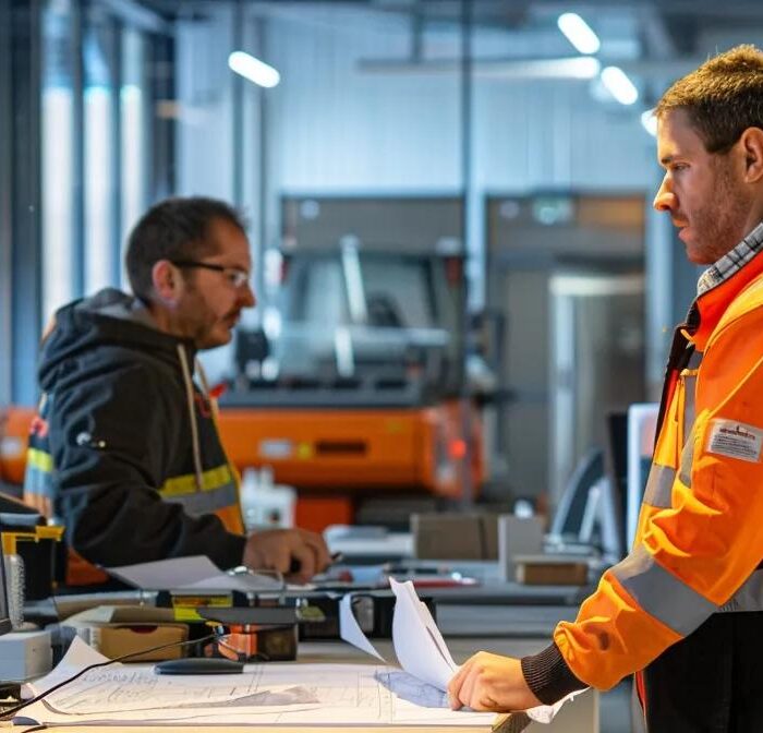 a modern, bustling construction site in newton, showcasing skilled builders collaborating over blueprints amidst sleek machinery and vibrant safety gear, embodying the reliability and expertise of busy builders.