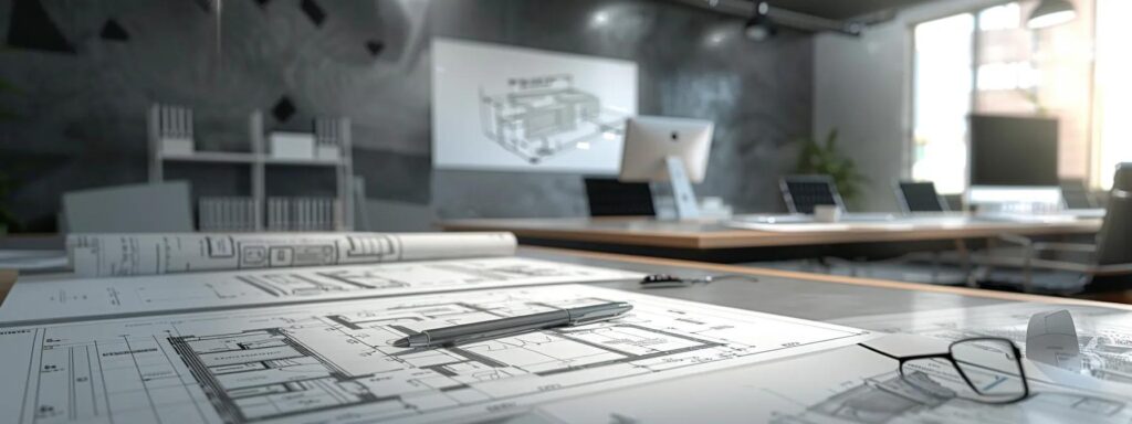 a modern conference room is vividly illustrated, showcasing a large table surrounded by blueprints and project plans, with a digital projector displaying architectural designs on a sleek screen, emphasizing the meticulous pre-construction services provided by a general contractor.
