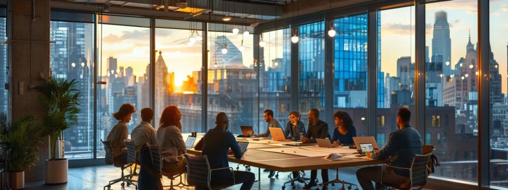 Top Reasons to Hire a General Contractor for Deck Design 1 a modern urban office conference room features a diverse team enthusiastically collaborating over a detailed blueprint of a stylish deck design, illuminated by sleek pendant lighting and framed by large windows showcasing the vibrant city skyline.