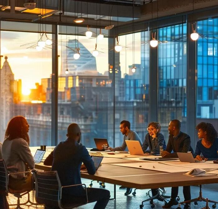 a modern urban office conference room features a diverse team enthusiastically collaborating over a detailed blueprint of a stylish deck design, illuminated by sleek pendant lighting and framed by large windows showcasing the vibrant city skyline.