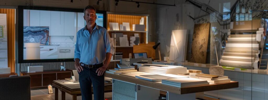 Top Reasons to Hire a General Contractor for Deck Design 2 a seasoned contractor stands confidently in a modern office, showcasing a sleek digital deck design on a large screen, surrounded by samples of stylish materials that harmonize with contemporary home aesthetics.