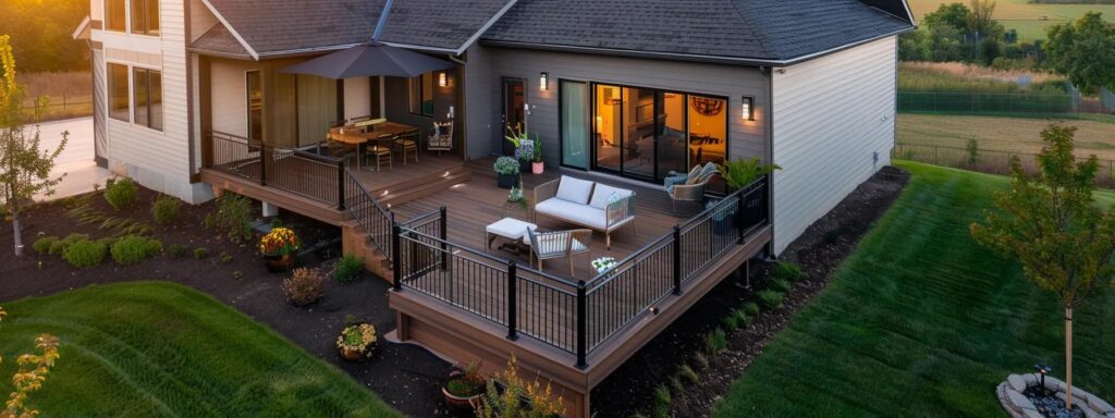 Reliable Iowa Builders for Your TREX Deck Installation Needs 2 a sleek, modern deck crafted from trex material is showcased extending from a stylish ranch-style home in iowa, highlighting flawless craftsmanship and vibrant design against a clean urban backdrop.