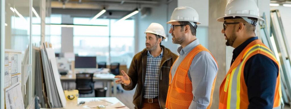 a sleek, modern office interior showcases a general contractor presenting a polished construction project walkthrough to a homeowner, emphasizing the professionalism and attention to detail in post-construction duties.