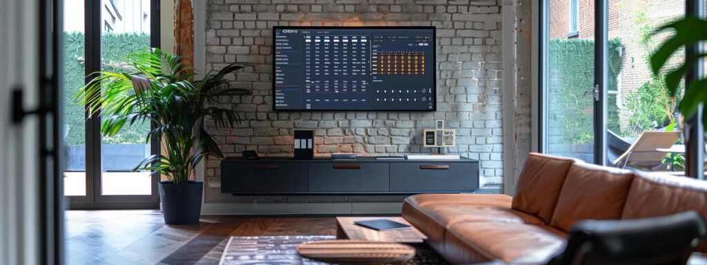a sleek, modern office space features a dynamic digital scheduling board displaying project timelines and builder availability, conveying the importance of efficient scheduling for busy homeowners.