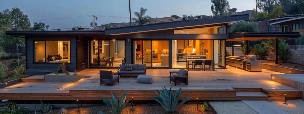 Reliable Iowa Builders for Your TREX Deck Installation Needs 3 a sleek, modern trex deck seamlessly integrates wood and steel elements, showcasing a beautifully designed outdoor living space adjacent to a stylish ranch-style home, under warm, inviting artificial lighting that highlights its contemporary features.