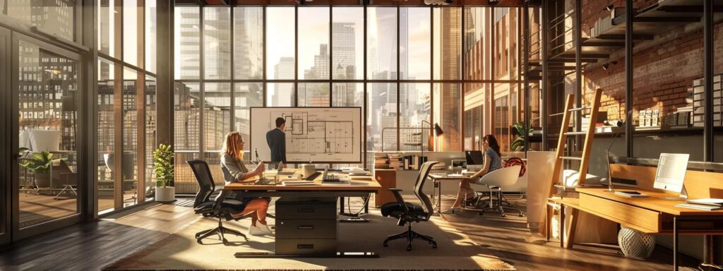 an engaging urban office scene showcases a confident general contractor presenting a detailed construction blueprint to a diverse team of professionals, emphasizing collaboration and strategic planning in the heart of a bustling city.