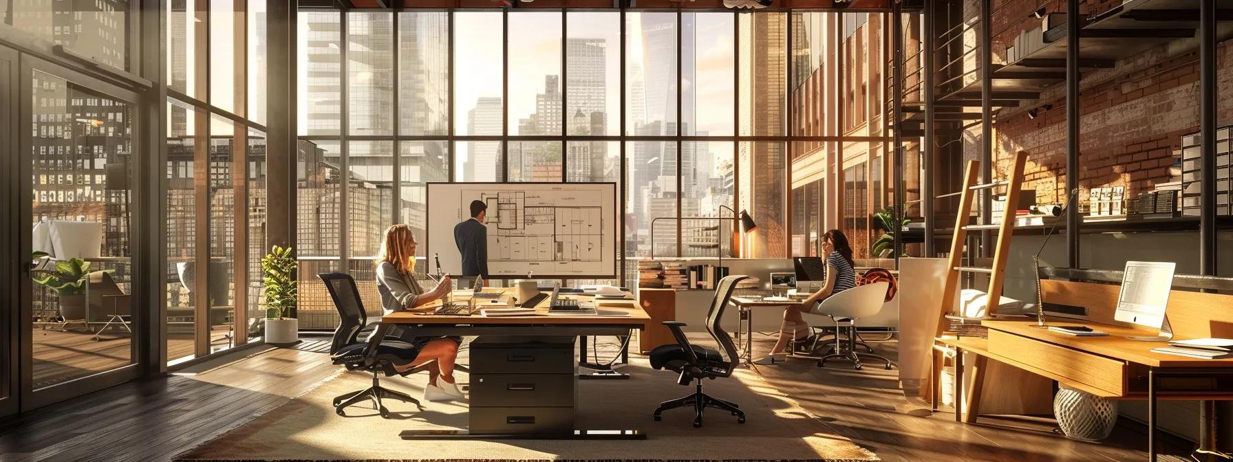 an engaging urban office scene showcases a confident general contractor presenting a detailed construction blueprint to a diverse team of professionals, emphasizing collaboration and strategic planning in the heart of a bustling city.