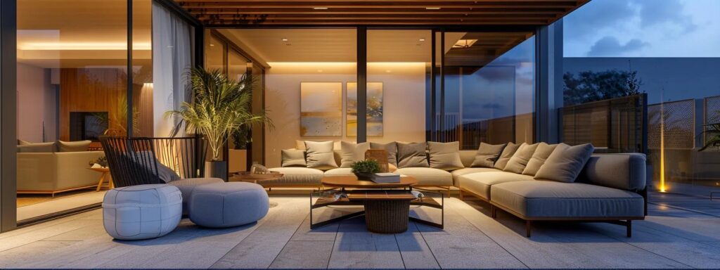 a contemporary screened patio showcasing stylish furniture and innovative design elements, elegantly illuminated under soft indoor lighting, inviting relaxation and conversation in a modern urban living space.