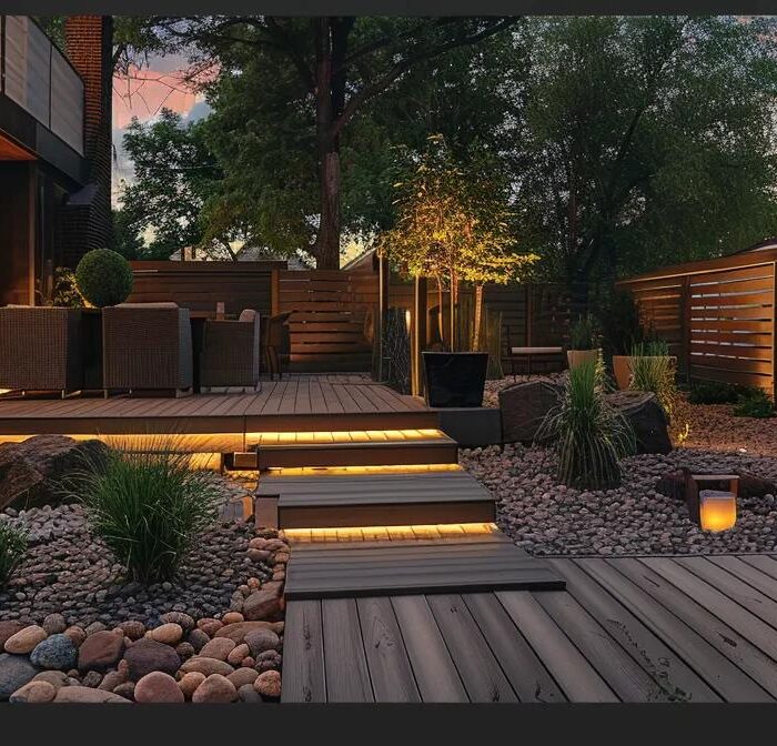 a modern iowa backyard featuring a stylish composite decking setup, showcasing various textures and colors under a softly lit evening sky, inviting relaxation and outdoor gatherings.