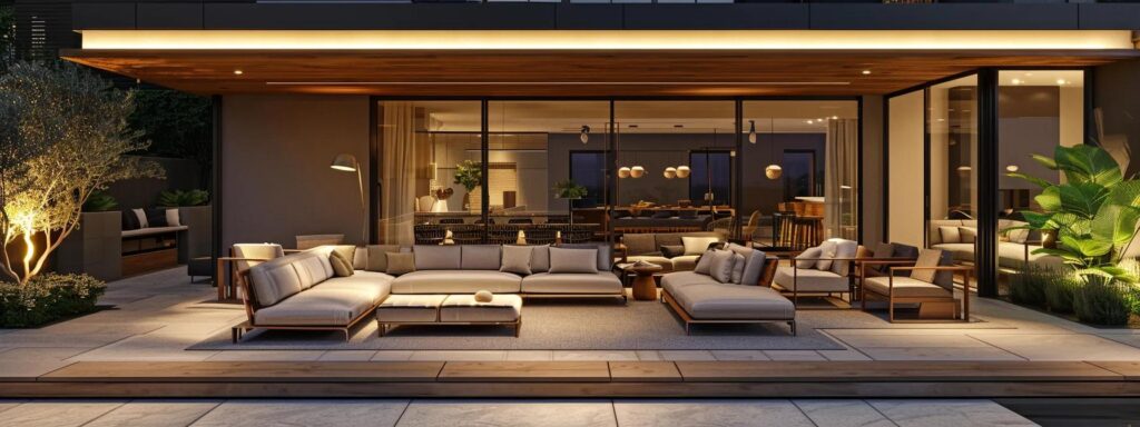 a modern patio showcasing an elegant arrangement of stylish furniture under sleek overhead lighting, creating an inviting atmosphere for social gatherings in a contemporary urban setting.