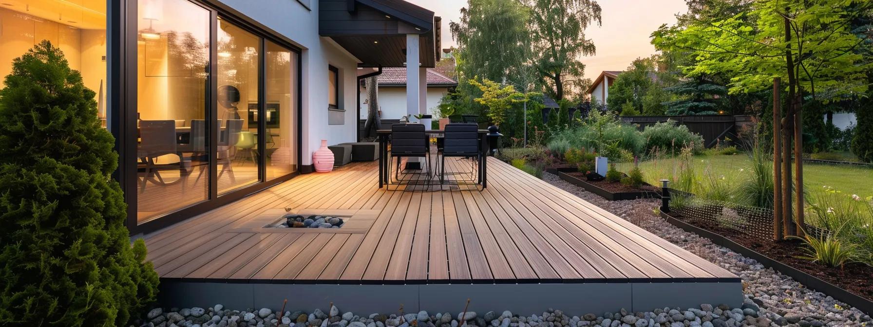 a modern, stylish composite deck extends seamlessly from an elegant home, showcasing its sleek design and inviting outdoor space, surrounded by a contemporary urban neighborhood that highlights the potential for increased home equity.