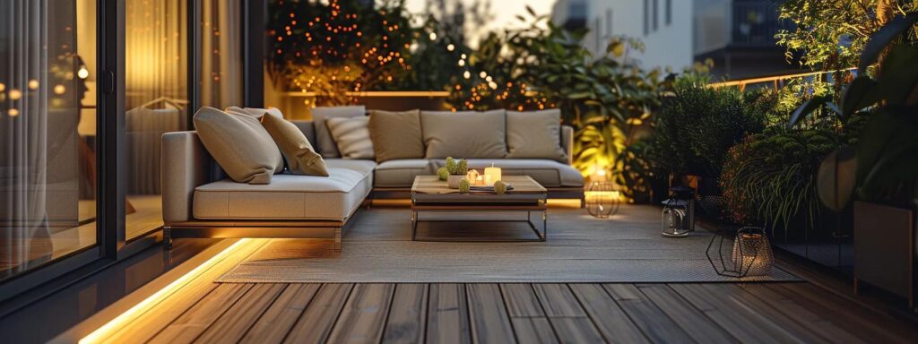 Durable Decking Materials for Iowa's Weather Conditions 3 a modern, stylish home deck showcases a variety of high-quality decking materials displayed on an elegant outdoor table, illuminated by soft ambient lighting, against a chic urban backdrop.